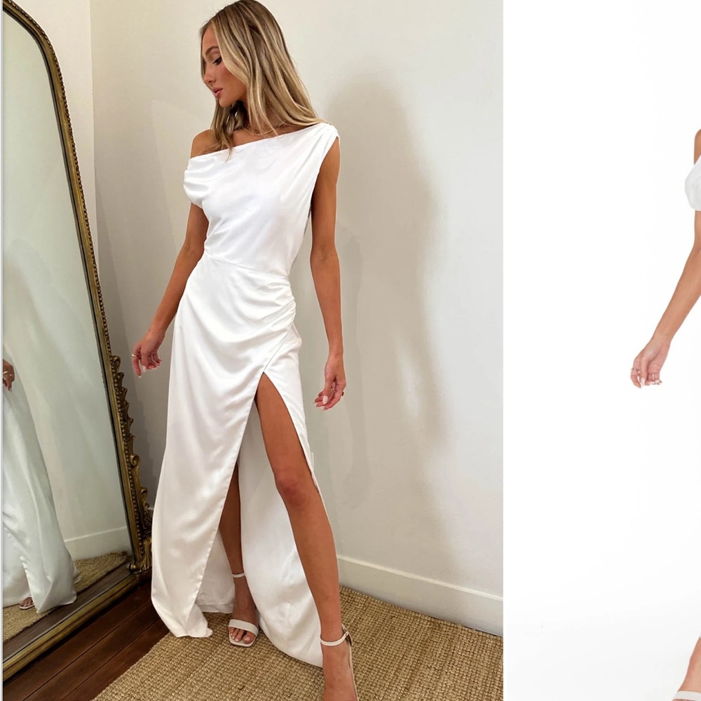 Show Me Your MuMu White One-Shoulder Satin Gown with High Slit